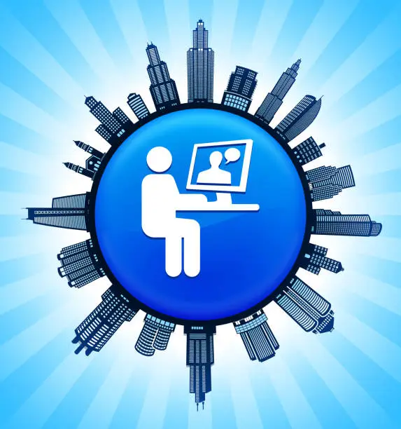 Vector illustration of Man Chating on Computer on Modern Cityscape Skyline Background