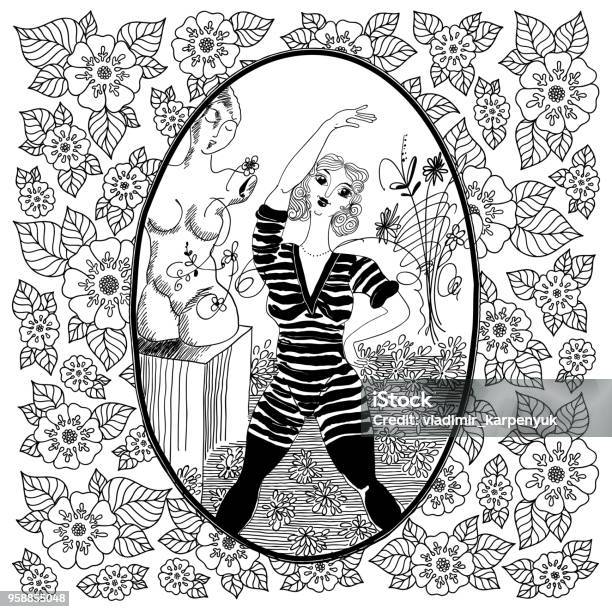 Pattern For Coloring Book For Adult Vintage Girl Doing Morning Exercises Stock Illustration - Download Image Now
