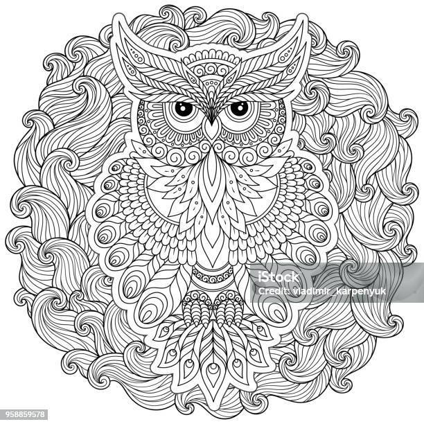 Coloring Page With Cute Owl And Floral Frame Stock Illustration - Download Image Now - Abstract, Animal, Animal Body Part