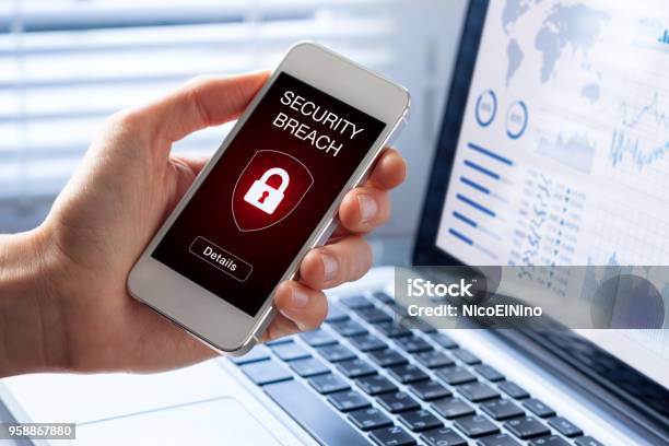 Security Breach Smartphone Screen Infected By Internet Virus Cyberattack Hacking Stock Photo - Download Image Now