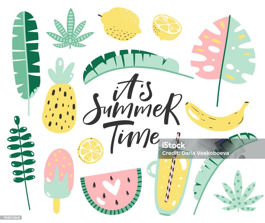 Summer elements set with hand written text. Vector illustration. Summer stock vector