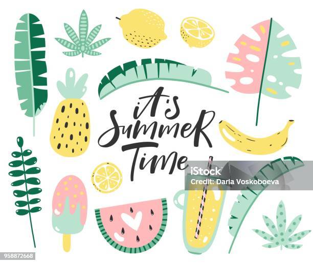Summer Elements Set With Hand Written Text Vector Illustration Stock Illustration - Download Image Now
