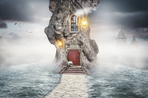 istock Fairy tree house in sea water on sky background 958873048