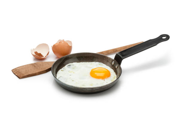 istock Fried egg in an iron skillet isolated on white background. 958879564