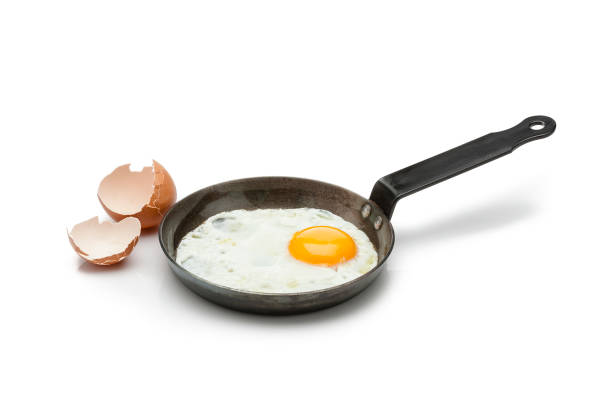 istock Fried egg in an iron skillet isolated on white background. 958879582