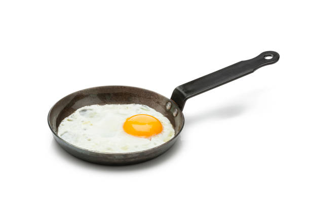 istock Fried egg in an iron skillet isolated on white background. 958879610