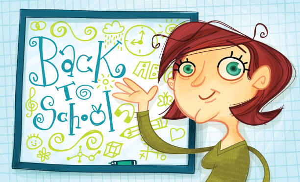 학교는 쿨! ~ 행복 한 교사 - reading and writing child whiteboard preschool stock illustrations