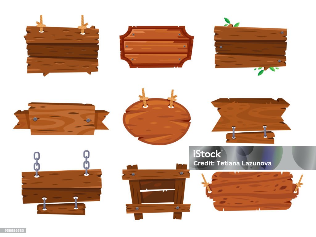 Cartoon wood boards signs and brown wooden banners. Timber plate plank, cartoons sketch board sign isolated frames vector illustration Cartoon wood boards signs and brown wooden banners. Timber plate plank, cartoons sketch board sign isolated frames. Retro oak signboards and signpost vector post Wood - Material stock vector