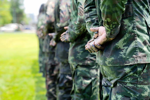 istock Soldiers in camouflage military uniform in rest position, standing. 958886936