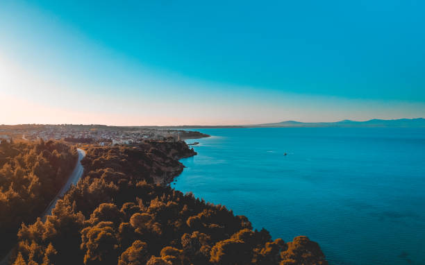 istock Aerial view of blue sea and tree lined coastline 958886968