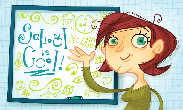 학교는 쿨! ~ 행복 한 교사 - reading and writing child whiteboard preschool stock illustrations