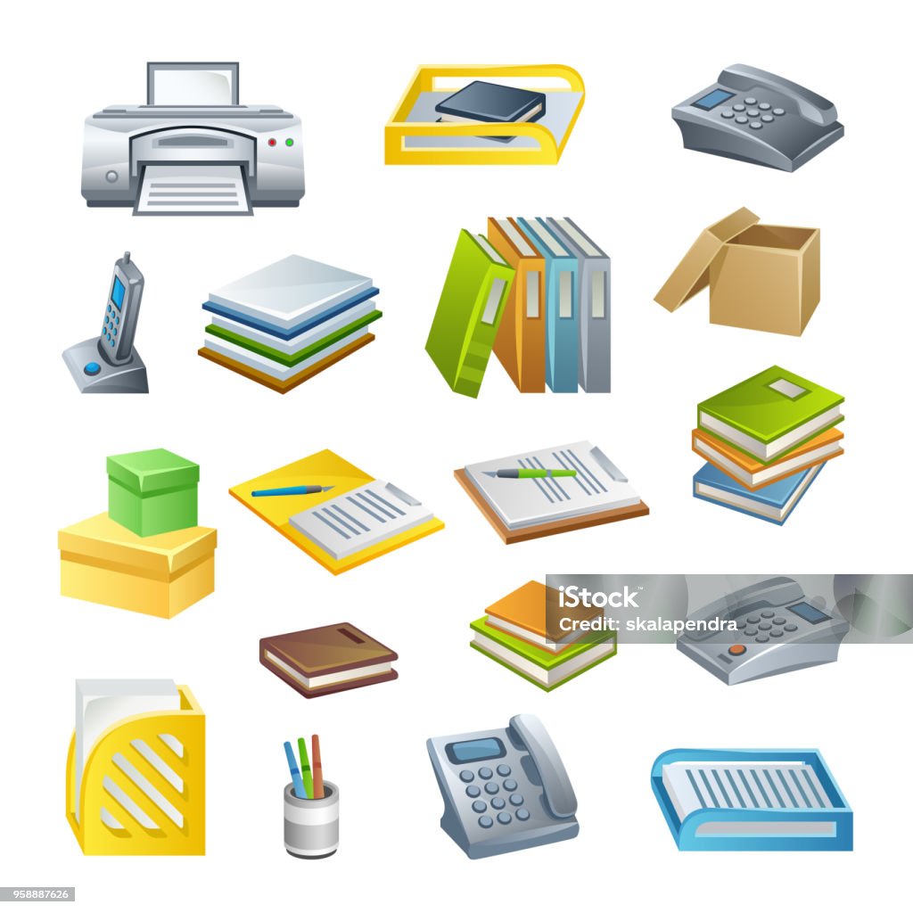 Offic Object Office Objects Set Stock Illustration - Download Image Now - Basket ...