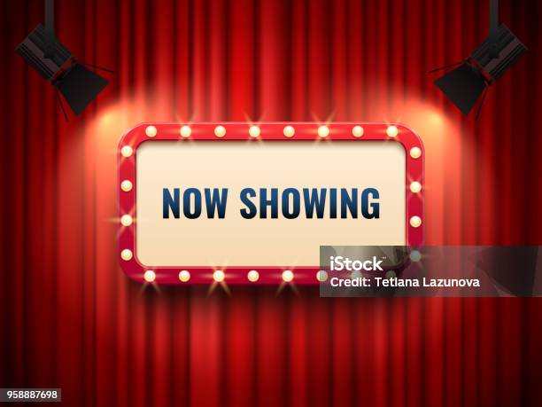 Retro Cinema Or Theater Frame Illuminated By Spotlight Now Showing Sign On Red Curtain Backdrop Movie Premiere Signs Vector Template Stock Illustration - Download Image Now