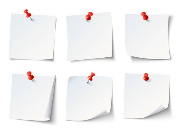 White paper notes on red thumbtack. Top view note sticker with pins vector set White blank draw papers, notes on red thumbtack. Top view note sticker with pins vector set thumbtack stock illustrations