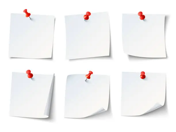 Vector illustration of White paper notes on red thumbtack. Top view note sticker with pins vector set