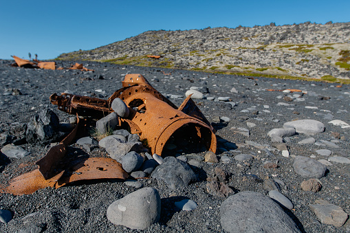 Shipwreck ruins at Djupalonssandur beach at Snaefellsjoekull National Park in Iceland.