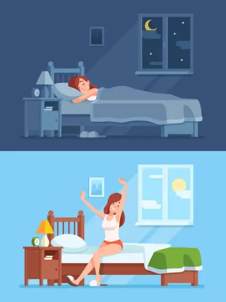 Vector illustration of Lady sleeping under duvet at night, waking up in morning and stretching sitting on mattress. Woman sleep in bed cartoon vector concept