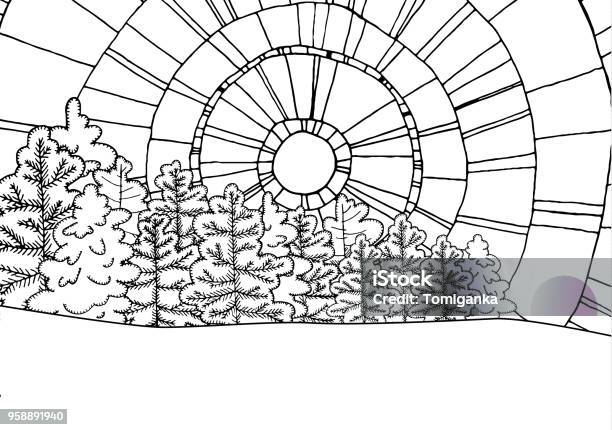 Winter Line Art Design For Coloring Book Pine Trees And Abstract Sun Snowy Landscape Stock Illustration - Download Image Now