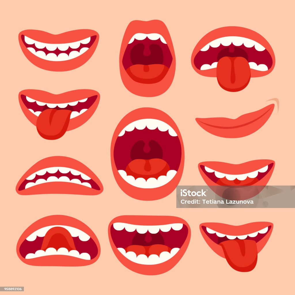 Collection d’éléments de bouche bandes dessinées. Voir la langue, sourire avec des dents, des émotions expressives, souriant set vector bouches et phonèmes - clipart vectoriel de Bouche libre de droits