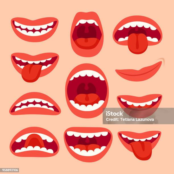 Collection Déléments De Bouche Bandes Dessinées Voir La Langue Sourire Avec Des Dents Des Émotions Expressives Souriant Set Vector Bouches Et Phonèmes Vecteurs libres de droits et plus d'images vectorielles de Bouche