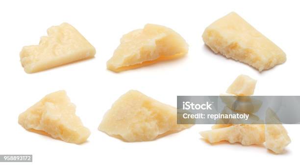 Set Of Parmesan Cheese Pieces On White Stock Photo - Download Image Now - Parmesan Cheese, Block Shape, Cut Out