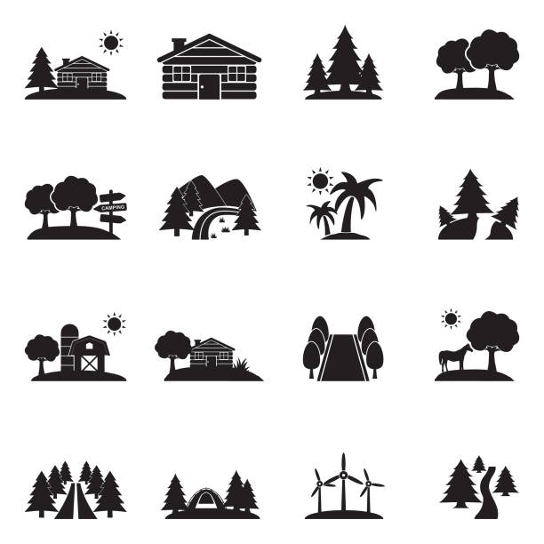 Landscape Icons. Black Flat Design. Vector Illustration. Nature, Beach, Forest, Park forest symbols stock illustrations