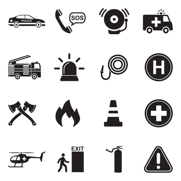 illustrazioni stock, clip art, cartoni animati e icone di tendenza di icone di emergenza. design piatto nero. illustrazione vettoriale. - disastri