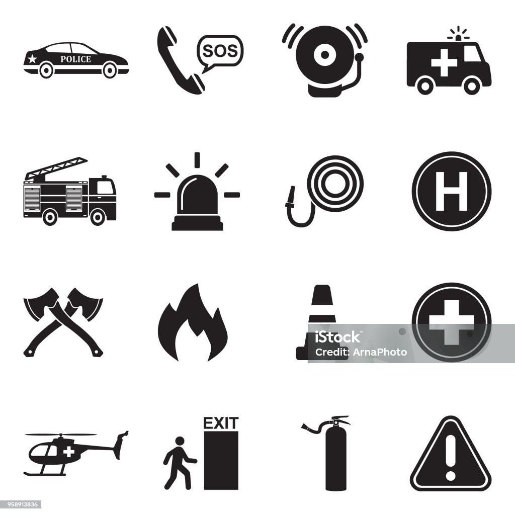 Emergency Icons. Black Flat Design. Vector Illustration. Police, Fireman, Hospital, Help, Emergency Icon Symbol stock vector