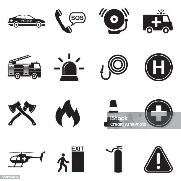 Emergency Icons Black Flat Design Vector Illustration Stock Illustration - Download Image Now