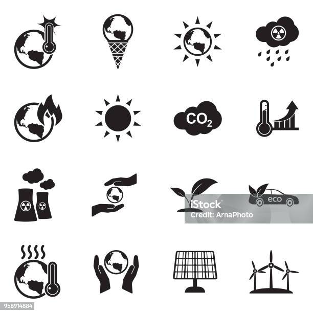 Globale Erwärmung Icons Schwarze Flache Bauweise Vektorillustration Stock Vektor Art und mehr Bilder von Icon