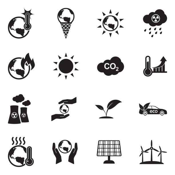 ilustraciones, imágenes clip art, dibujos animados e iconos de stock de iconos del calentamiento globales. diseño plano negro. ilustración de vector. - cambio climatico