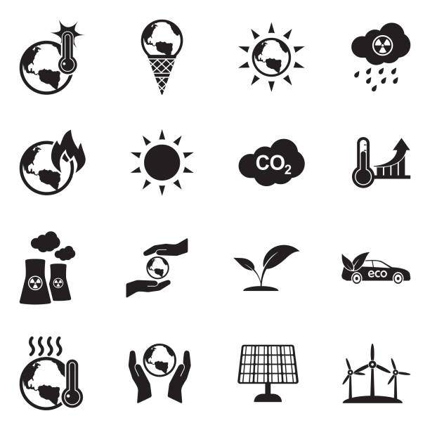 ilustrações, clipart, desenhos animados e ícones de ícones de aquecimento globais. projeto liso preto. ilustração em vetor. - changing form climate global warming vector