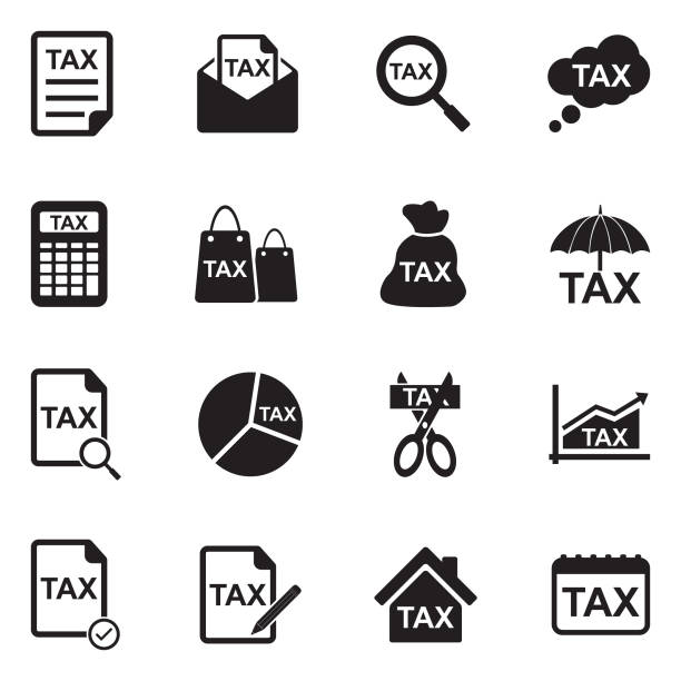 Tax Icons. Black Flat Design. Vector Illustration. Money, Bank, Tax, Agent, Form tax stock illustrations