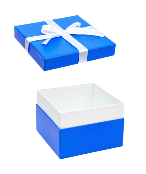 istock Blue open gift box with white bow isolated on white background 958923266