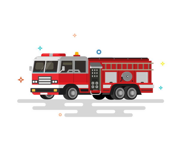 stockillustraties, clipart, cartoons en iconen met vectorillustratie van platte brandweerwagen. - brandweer