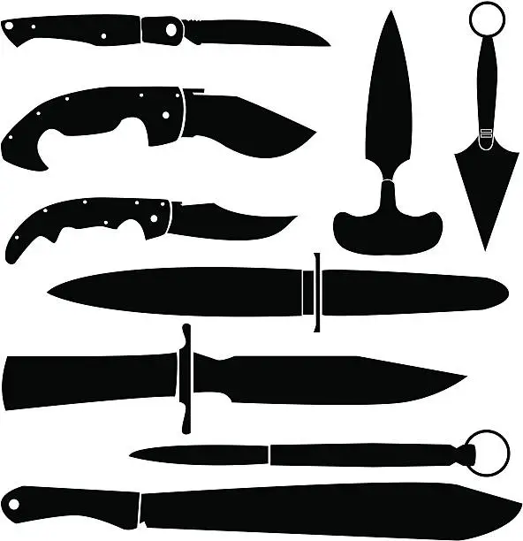 Vector illustration of Combat, hunting, and folding knives in vector silhouette