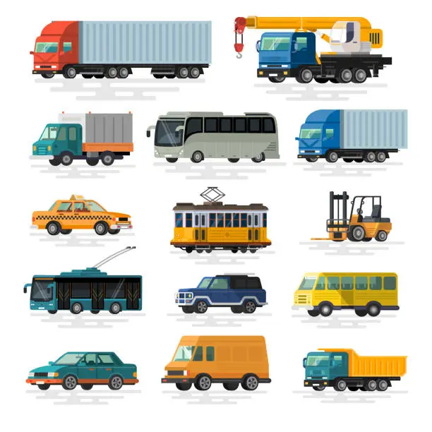 Vector illustration of Urban, city cars and vehicles transport vector flat icons set.