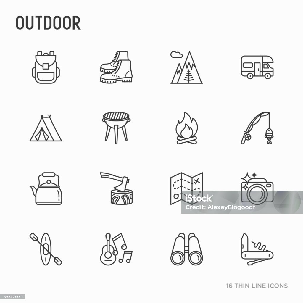 Outdoor thin line icons set: mountains, backpack, uncle boots, kettle, axe, map, Swiss knife, canoe, camera, fishing rod, binoculars. Modern vector illustration. Camping stock vector