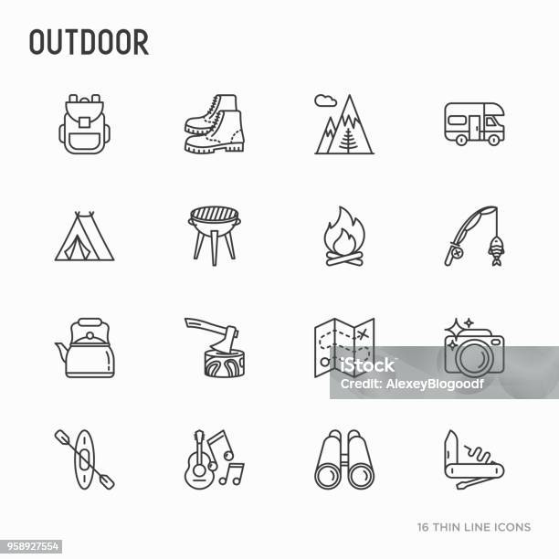 Outdoor Thin Line Icons Set Mountains Backpack Uncle Boots Kettle Axe Map Swiss Knife Canoe Camera Fishing Rod Binoculars Modern Vector Illustration Stock Illustration - Download Image Now