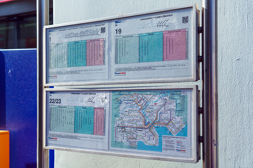 Lucerne, Switzerland - October 19, 2017: Stopping city public transport with the timetable and bus routes