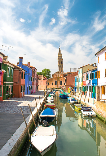 Italy,15 May 2018,panorama of Burano Island, streets with colorful houses spring month may