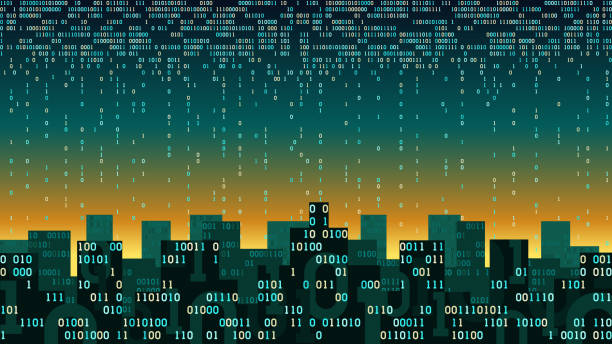 추상적인 미래의 스마트 도시 것 및 인공 지능, 클라우드 스토리지, 이진 비-에 연결 시 인터넷 데이터 흐름, 빅 데이터, 네트워크 디지털 컨셉 - computer language binary code coding city stock illustrations