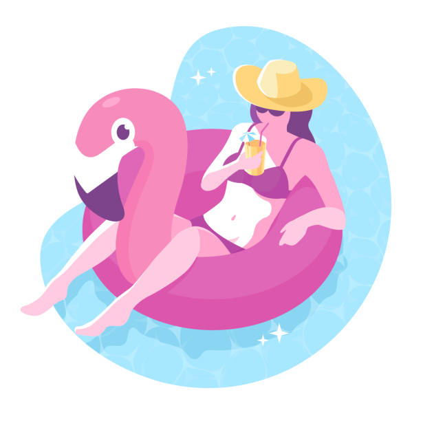 ilustrações, clipart, desenhos animados e ícones de linda garota de chapéu com cocktail flutuante no anel inflável do flamingo. olá, ilustração de verão. descontraído e jovem mulher em um maiô. elemento colorido de verão para seu projeto. vetor eps 10 - floating on water illustrations