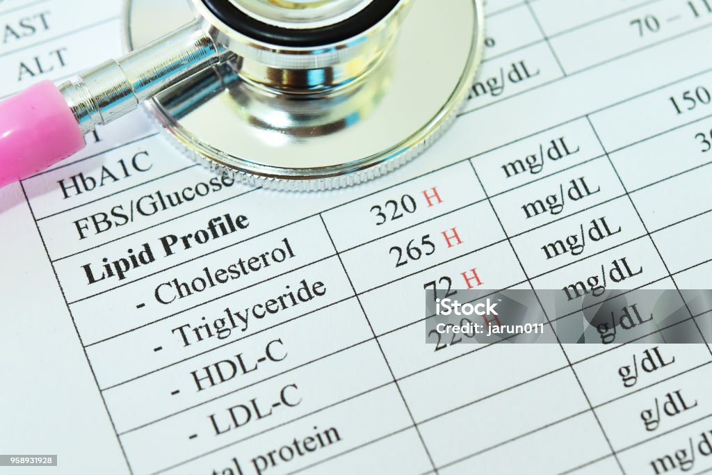 Abnormal high lipid test result Abnormal high lipid test result with stethoscope Cholesterol Stock Photo