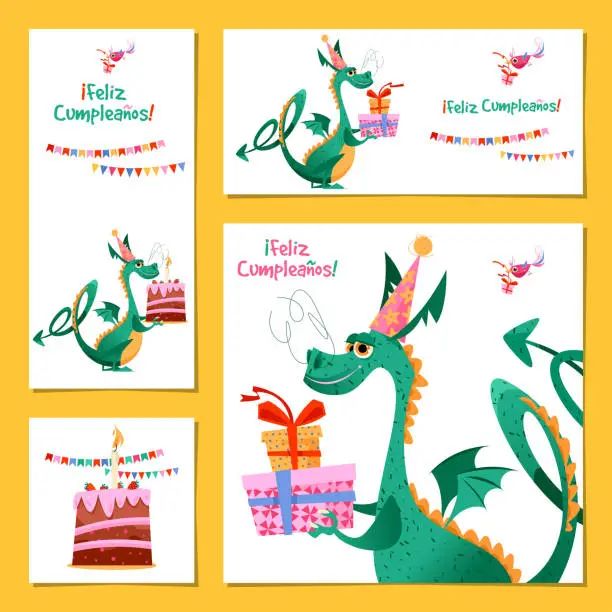 Vector illustration of Set of 4 universal cards with dragon. Template. Feliz Cumpleaños! (Happy birthday!) Children’s party, congratulations.