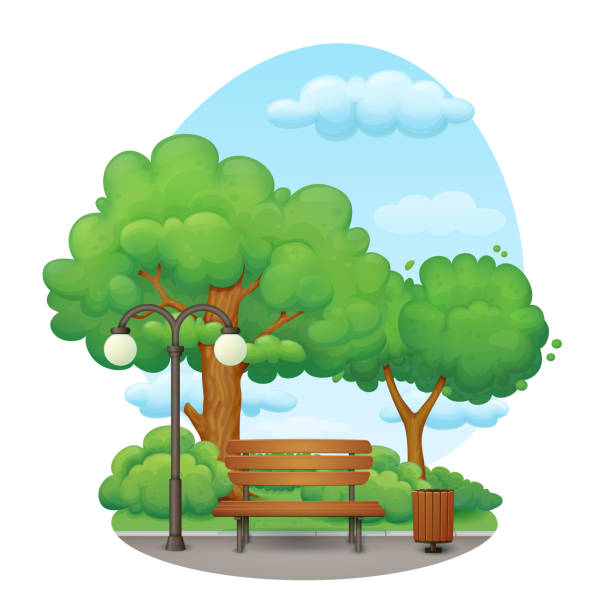istock Park trail with bench, street lamp and trash can. Summer day. 958937614