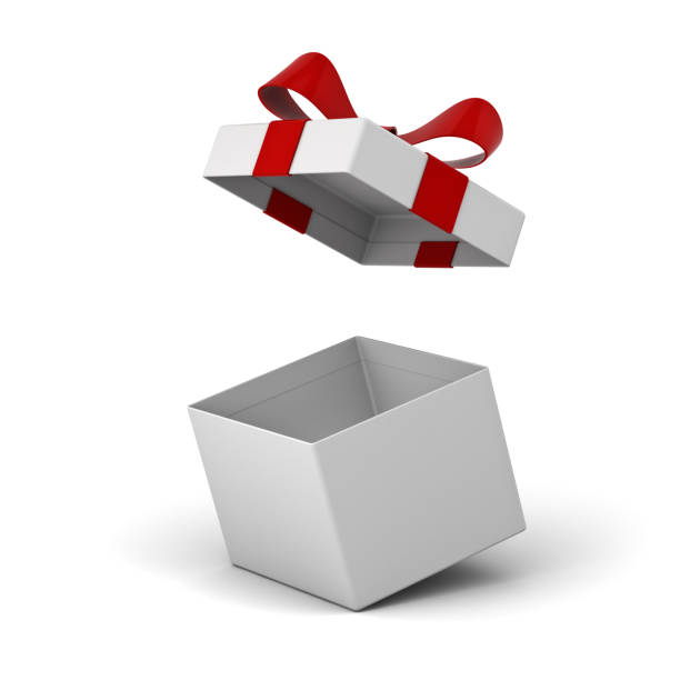 istock Open gift box , present box with red ribbon bow isolated on white background with shadow . 3D rendering 958937774