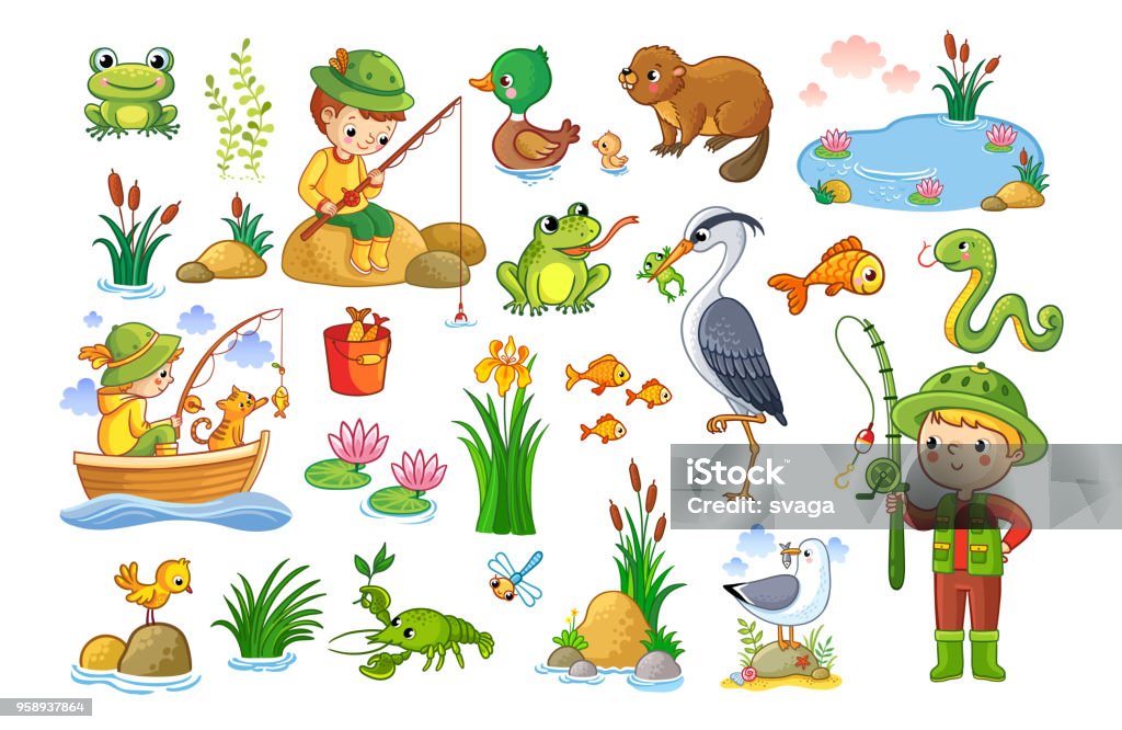 Vector set on a forest children theme. Vector set on a forest children theme. An animal pond. Children are fishing. Collection of vector illustration. Cartoon stock vector