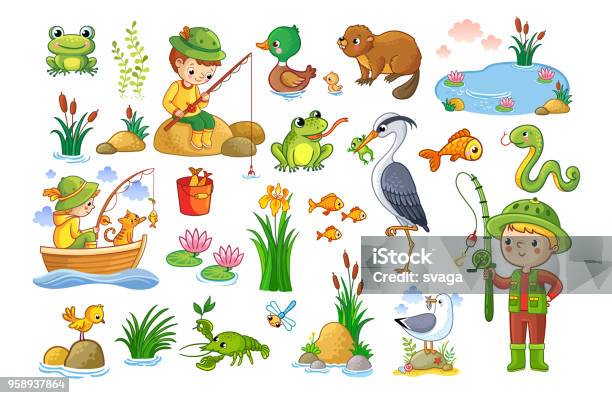 Vector Set On A Forest Children Theme Stock Illustration - Download Image Now - Cartoon, Child, Frog