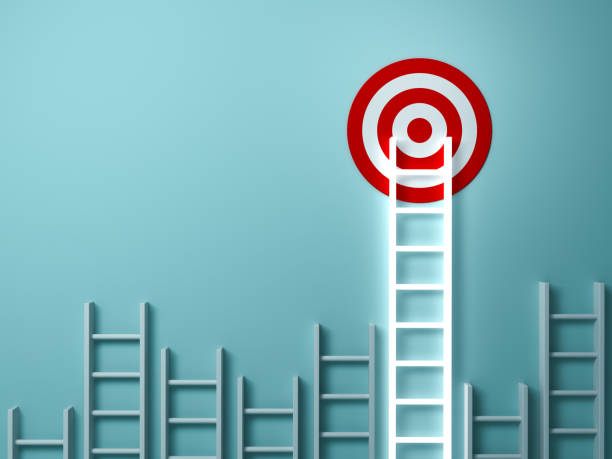 istock Stand out from the crowd and different creative idea concepts , Longest light ladder glowing and aiming high to goal target among other short ladders on green background with shadows . 3D rendering 958939552